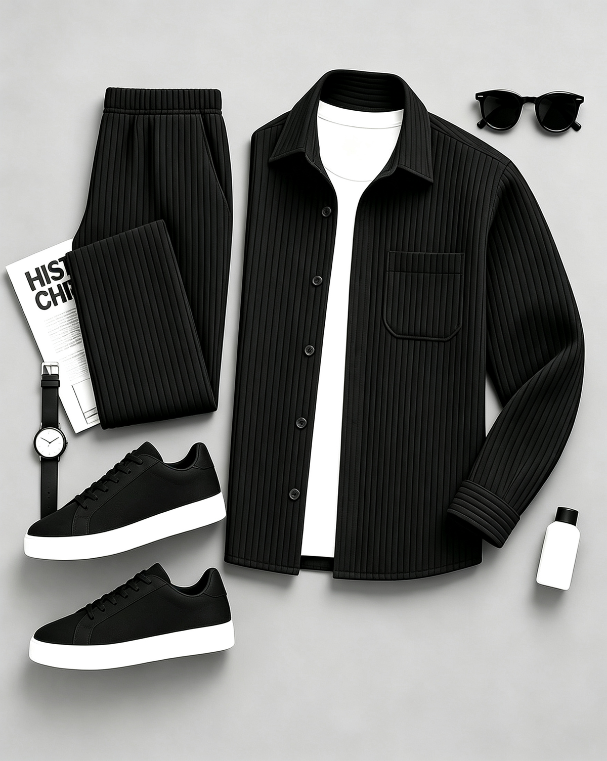 Men's Long-Sleeve Shirt and Pants Set with Subtle Patterns