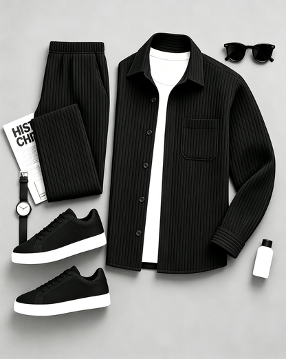 Men's Long-Sleeve Shirt and Pants Set with Subtle Patterns