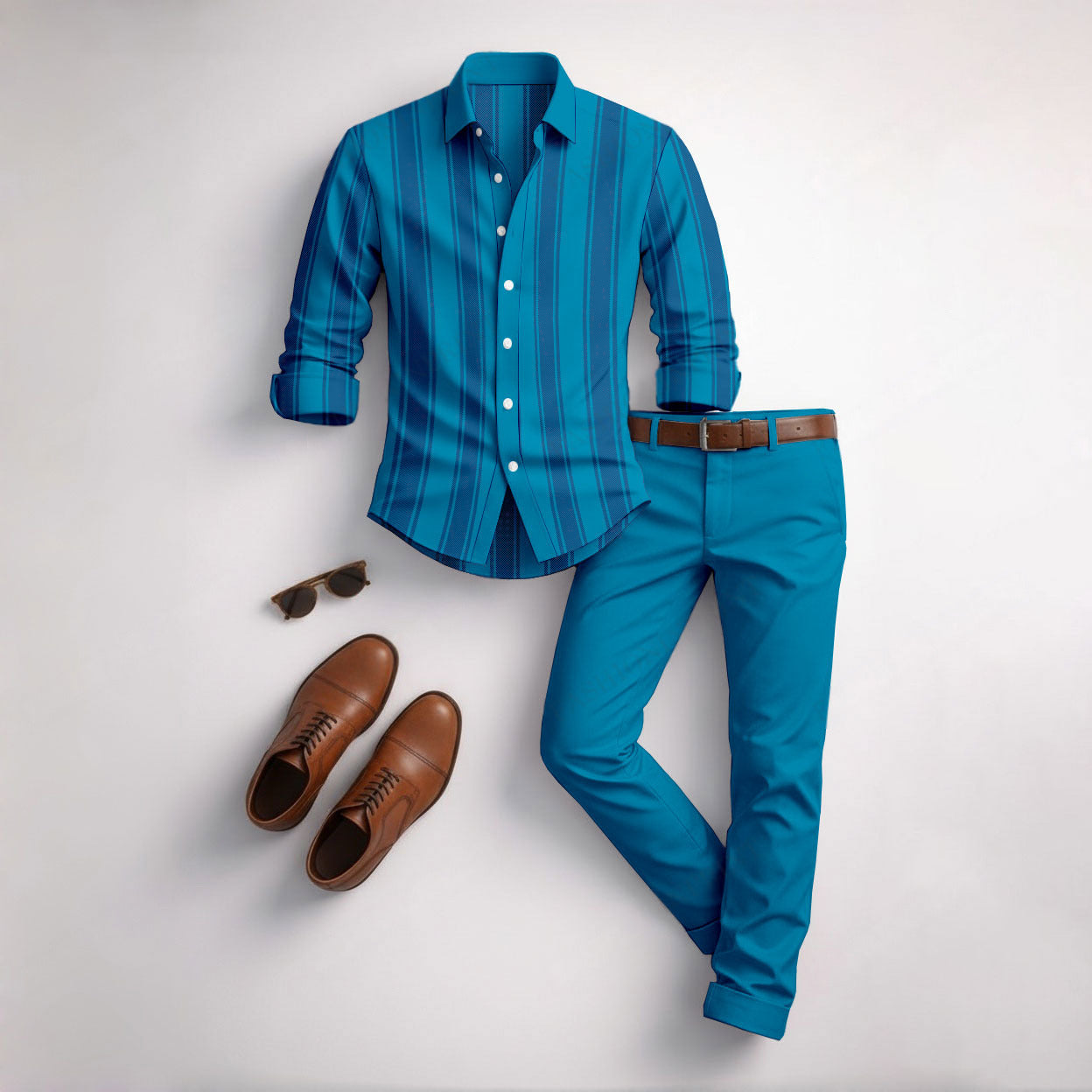 Men's Casual Color Matching Geometric Printed Long Sleeved Shirt & Trousers Two-Piece Set