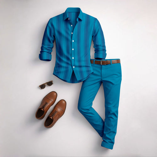 Men's Casual Color Matching Geometric Printed Long Sleeved Shirt & Trousers Two-Piece Set