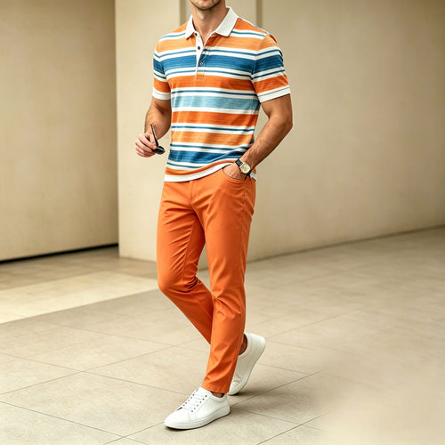 Men's Casual Orange Stripes Printed Polo Shirt And Pants Two-Piece Set