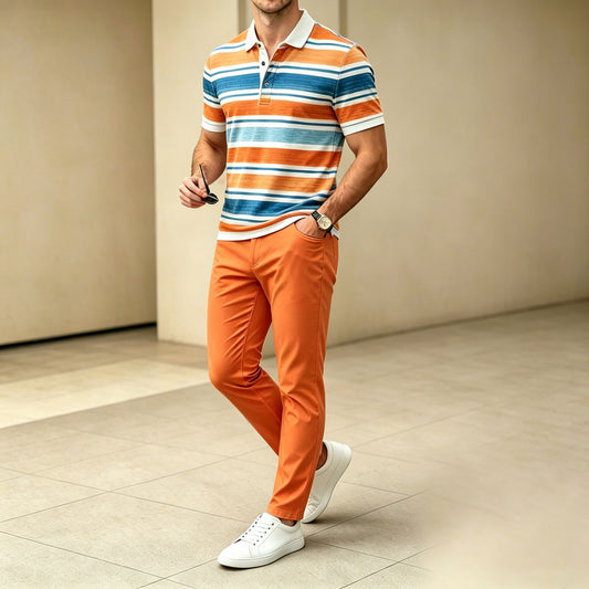 Men's Casual Orange Stripes Printed Polo Shirt And Pants Two-Piece Set