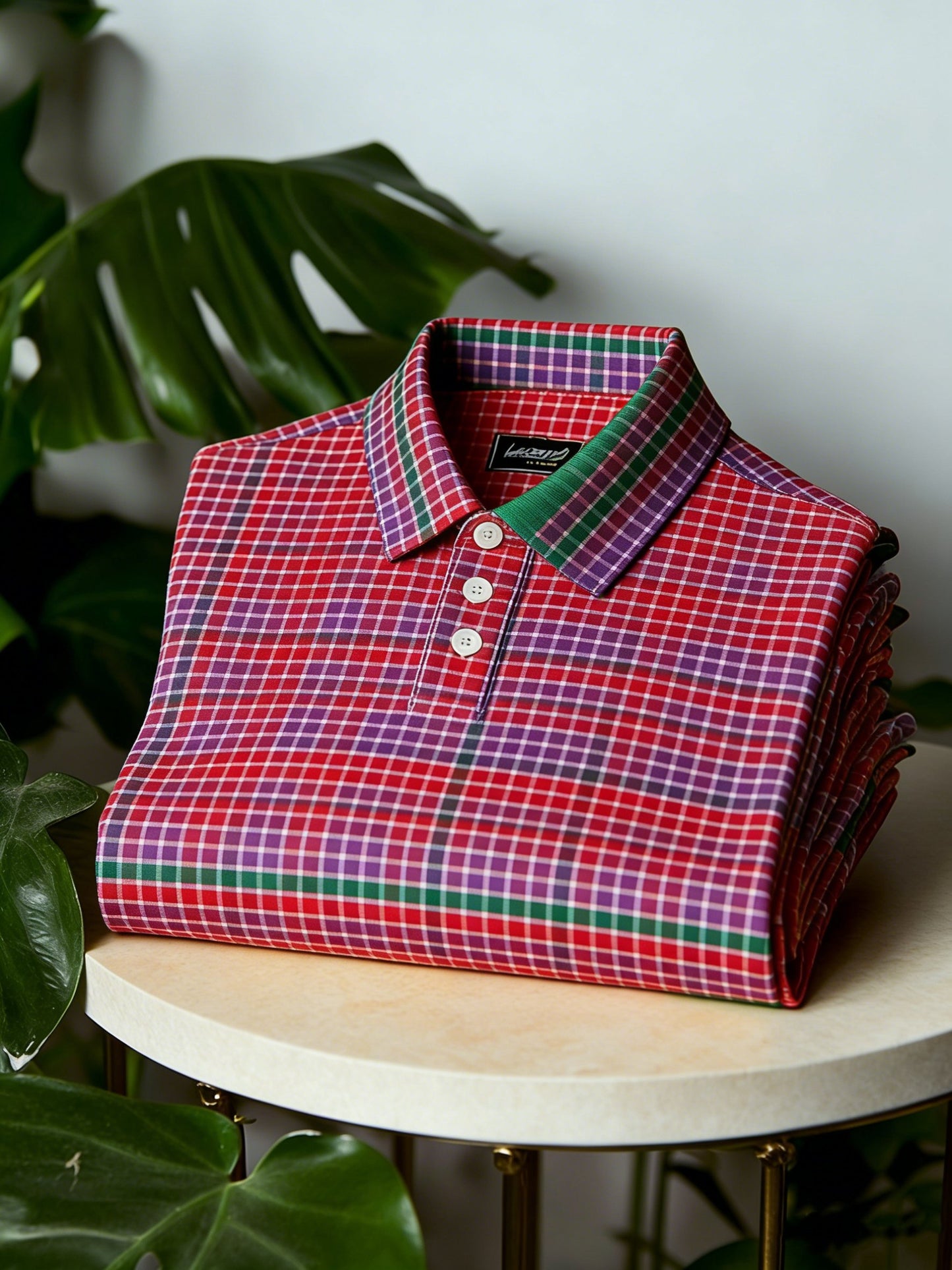 Men's Business Casual Button Short Sleeve Small Plaid Polo Shirt