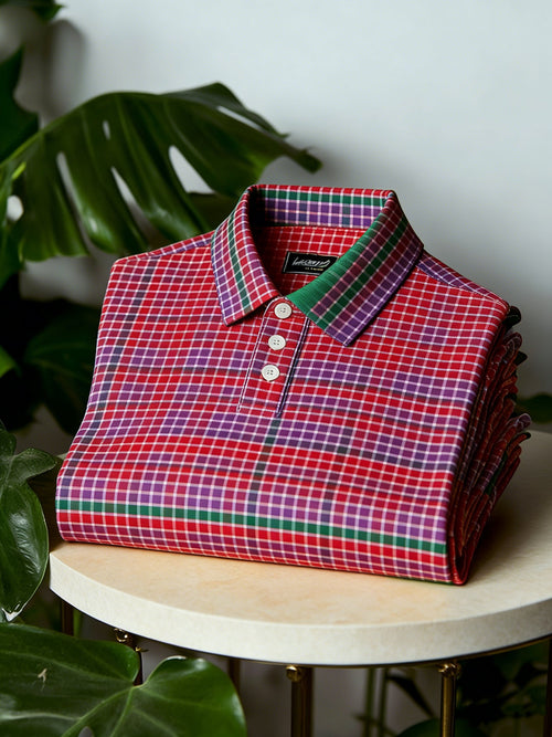 Men's Business Casual Button Short Sleeve Small Plaid Polo Shirt
