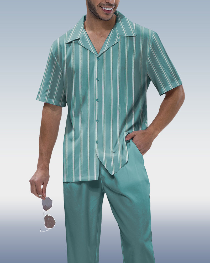 Vertical Stripe Two-Piece Short Sleeve Printed Walking Suit