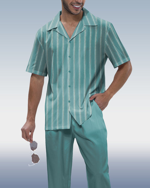 Vertical Stripe Two-Piece Short Sleeve Printed Walking Suit