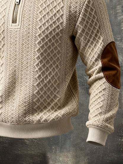 Men'S Vintage Textured Fabric And Suede Patchwork Color-Block Long-Sleeved Sweatshirt