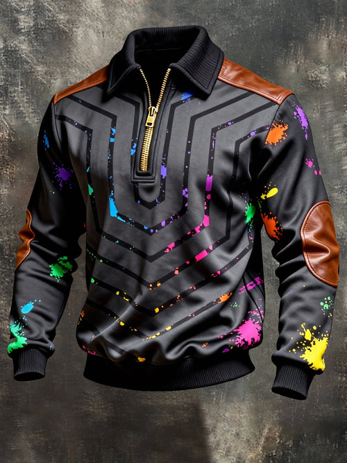 Men's Vintage Color-Block Printed Zip-Up Hoodie