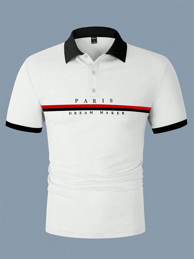 Men's Letter Stripe Printed Casual Polo Shirt