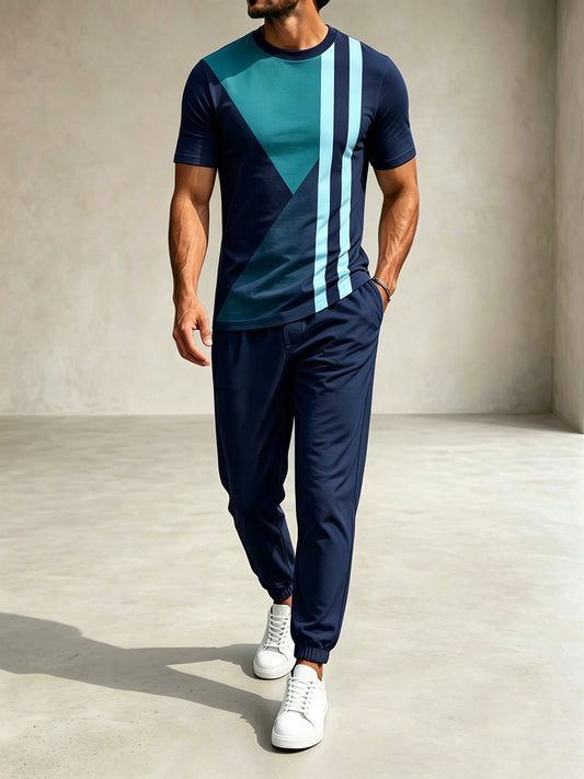 Men's Casual Navy Blue Color Matching Geometric Printed Round Neck T-Shirt & Pants Two-Piece Set