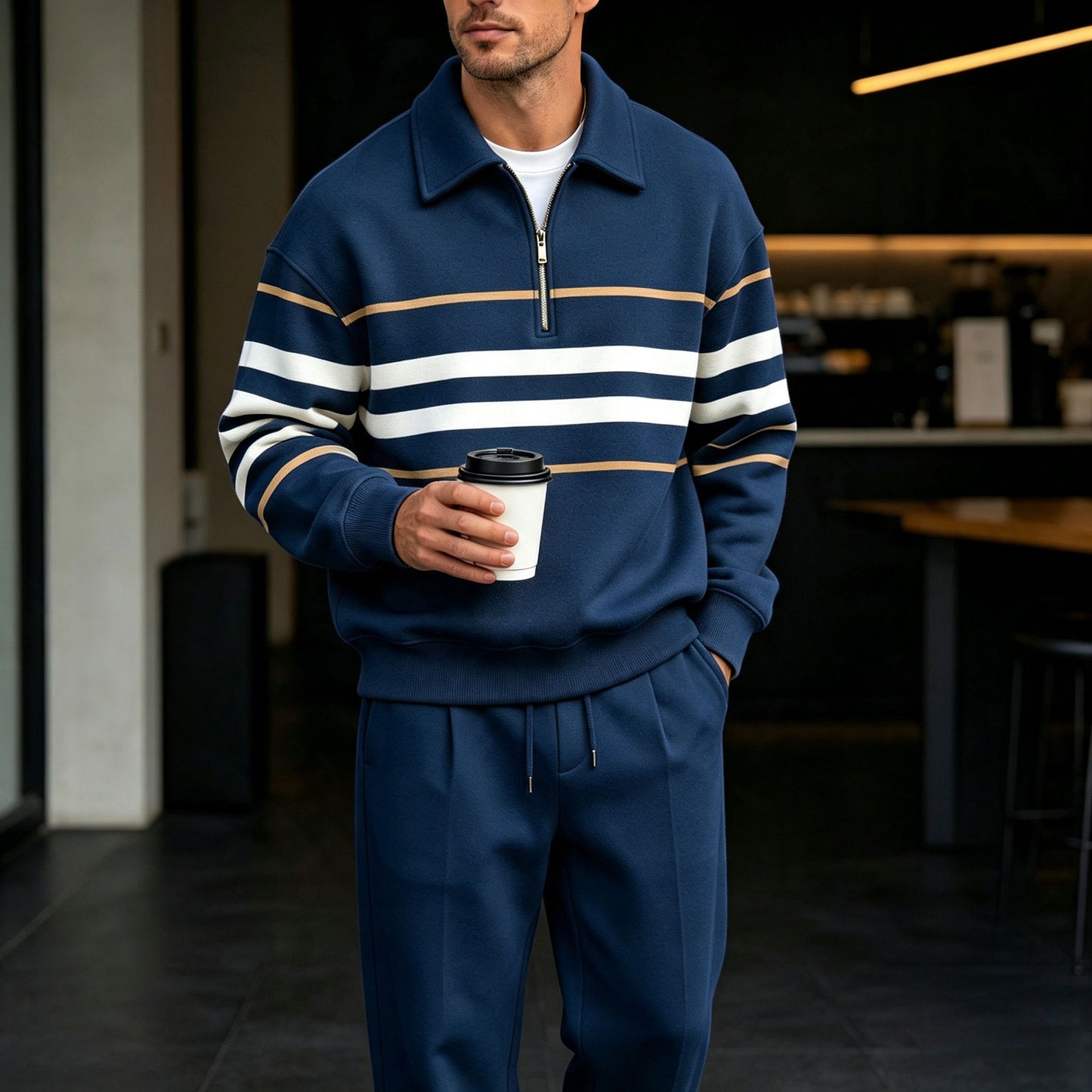 Men's Striped Printed Zipper Polo Shirt and Pants Set