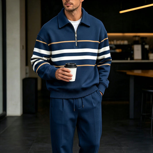 Men's Striped Printed Zipper Polo Shirt and Pants Set