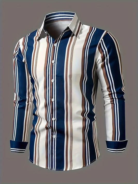 Men's Stripe Print Business Long Sleeve Shirt