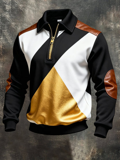 Men's Vintage Color-Block Printed Zip-Up Hoodie