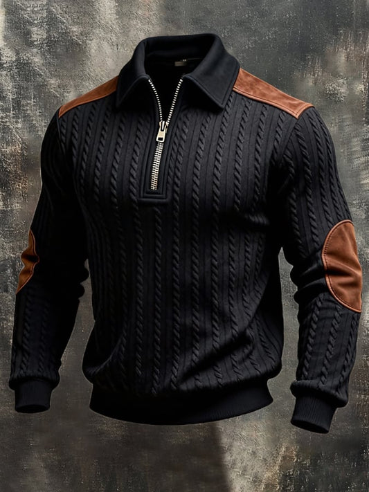 Men'S Vintage-Style Textured Patchwork Color-Block Long-Sleeved Sweatshirt