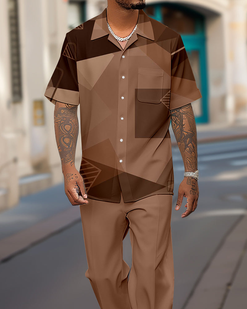 Men's Vintage Brown Short Sleeve Shirt Casual Walking Suit 1148