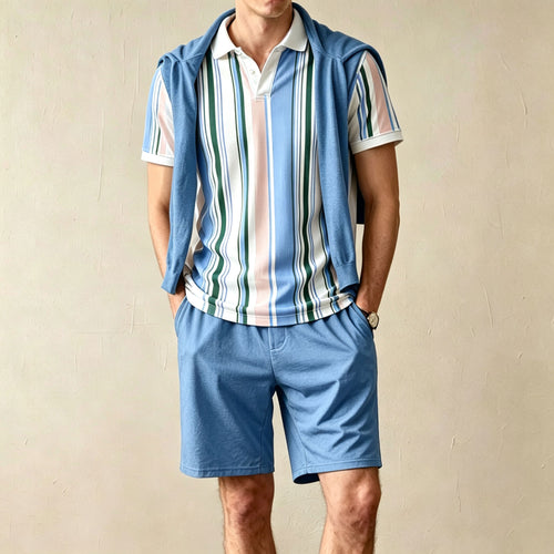 Men's Casual Striped Print Short-Sleeve Polo Shirt and Shorts Two-Piece Set