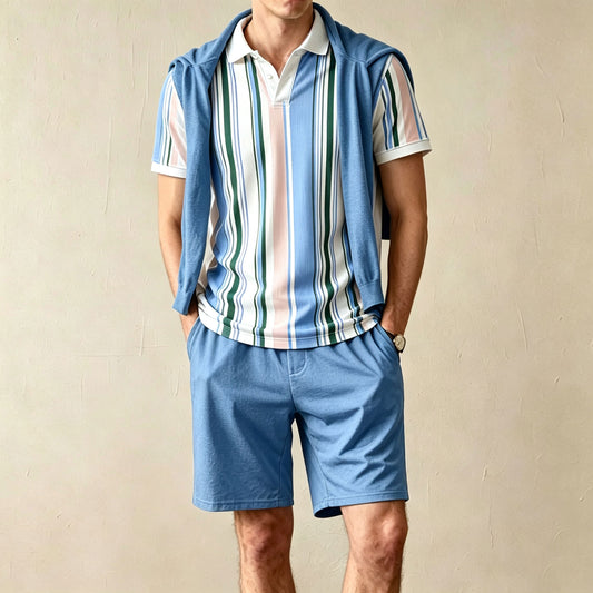 Men's Casual Striped Print Short-Sleeve Polo Shirt and Shorts Two-Piece Set