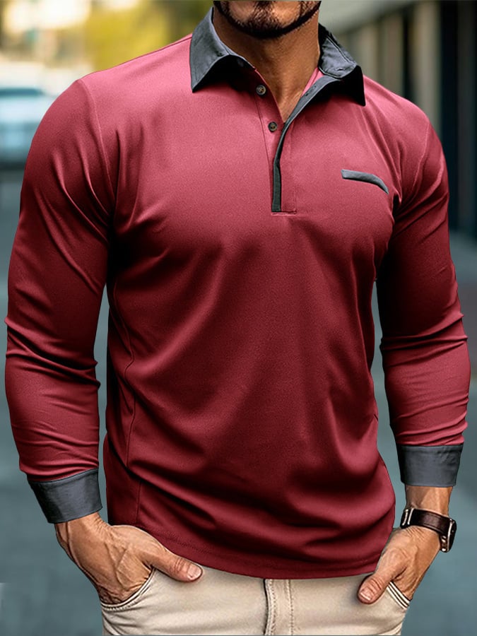 Men's Fashion Color Blocking Half Button Long Sleeve Polo Shirt