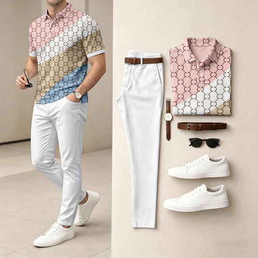 Men's Casual Striped Contrasting Printed Polo Shirt And Pants Two-Piece Set