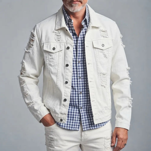 Men's White Distressed Ripped Single-Breasted Multi-Pocket Denim Jacket