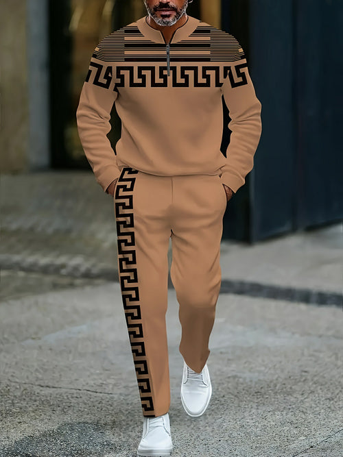 Men's Casual Orange & Black Color Matching Geometric Printed Round-Neck Zipper Long Sleeved Trousers Two-Piece Set