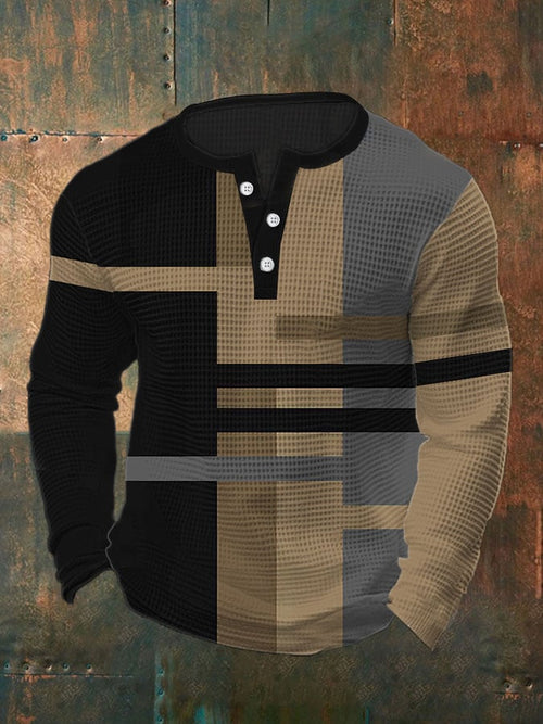 Men's Vintage Casual Henley Waffle Long Sleeve Polo Shirt