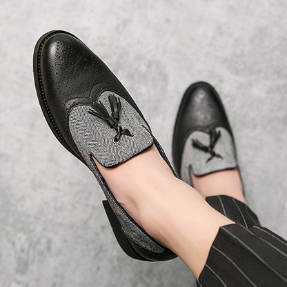 Business Casual Retro Carved Color Block Fringed Leather Shoes