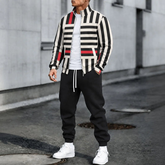 Men's Striped Stand-Collar Jacket and Pants Set