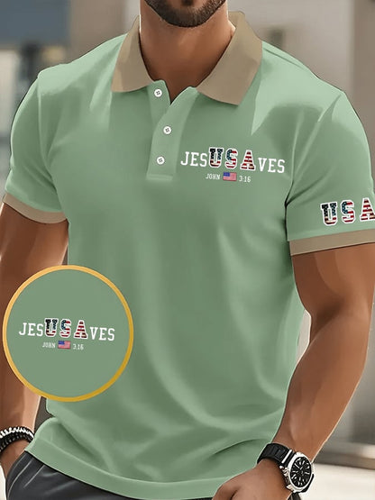 Men's Vintage USA Jesus Saves Printed POLO Shirt