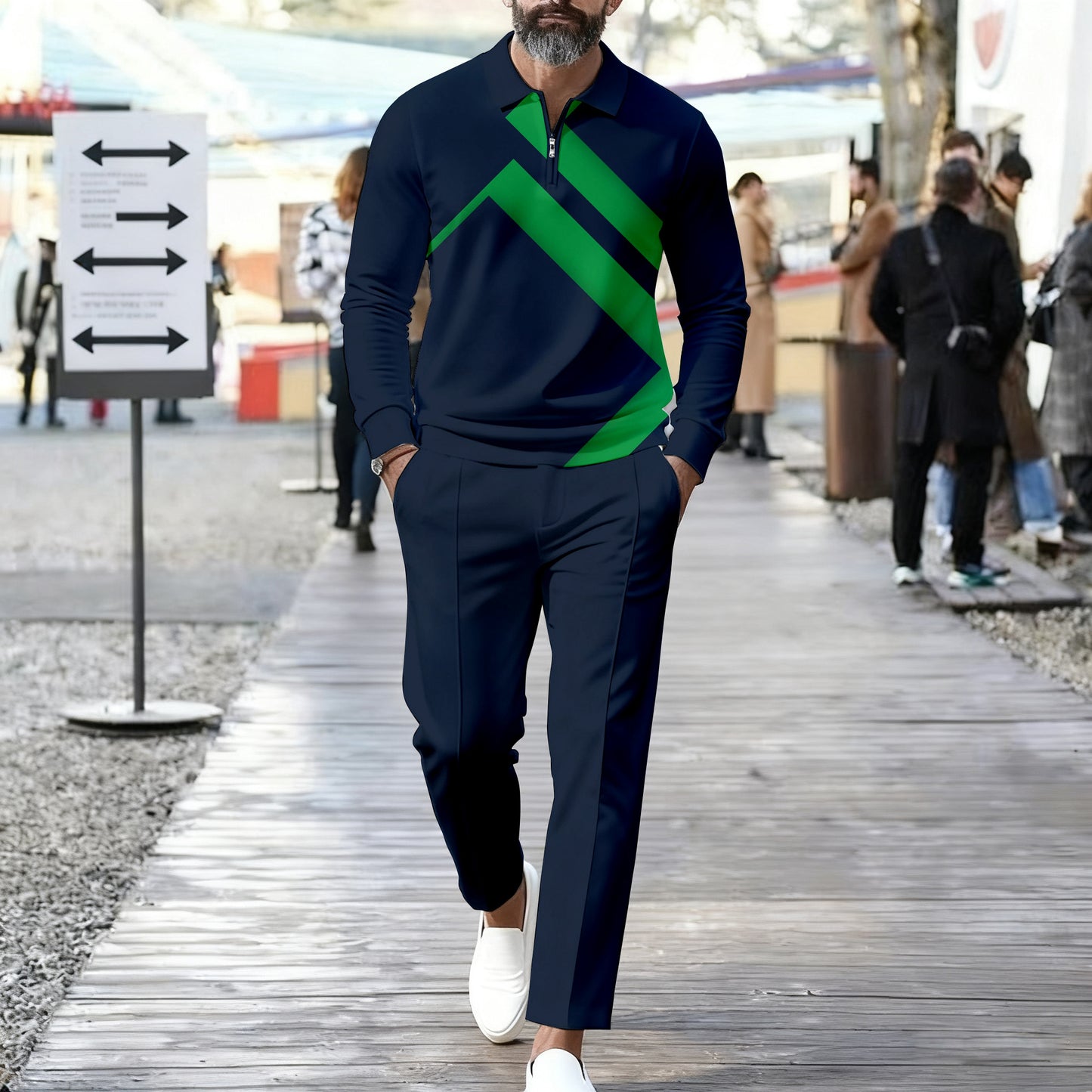 Men's Casual Color Matching Printed Polo-Collar Zipper Long Sleeved Trousers Two-Piece Set