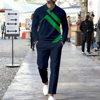 Men's Casual Color Matching Printed Polo-Collar Zipper Long Sleeved Trousers Two-Piece Set