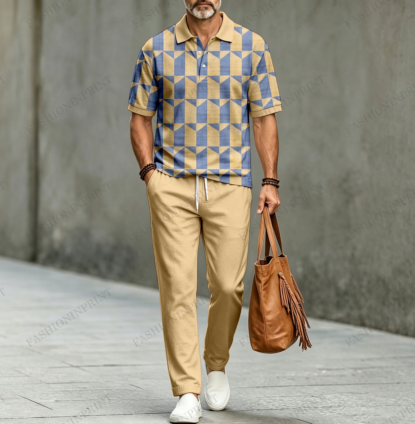 Men's Casual Diamond-Patterned Short-Sleeve Polo Shirt and Pants Two-Piece Set