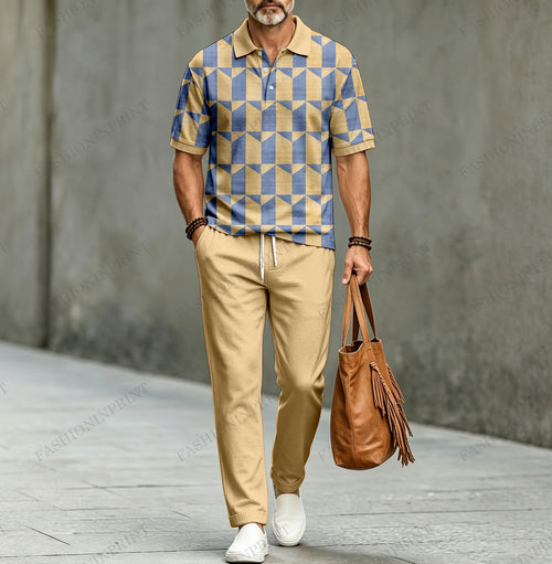 Men's Casual Diamond-Patterned Short-Sleeve Polo Shirt and Pants Two-Piece Set