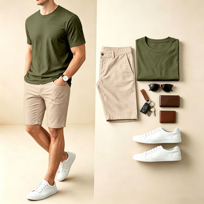 Men's Casual Checkered Print Round-Neck Short-Sleeve T-Shirt And Shorts Two-Piece Set