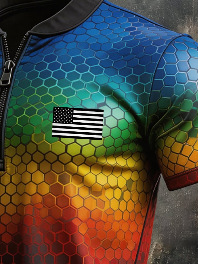 Men's Retro Color-Block Zip-Up T-Shirt