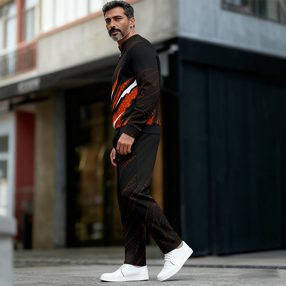 Men's Casual Color Matching Printed Round-Neck Zipper Long Sleeved Trousers Two-Piece Set