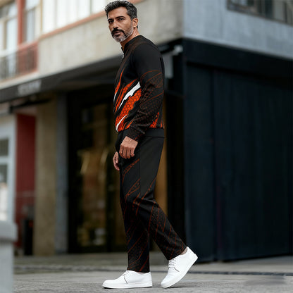 Men's Casual Color Matching Printed Round-Neck Zipper Long Sleeved Trousers Two-Piece Set