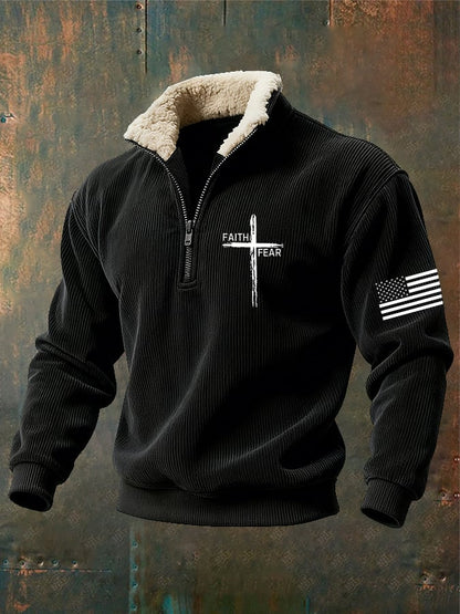 Men's Retro Faith Cross Print Zipper Fur Collar Long Sleeve Sweatshirt