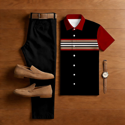 Men's Casual Black & Dark Red Color Matching Striped Print Short-Sleeve Shirt & Trousers Two-Piece Set