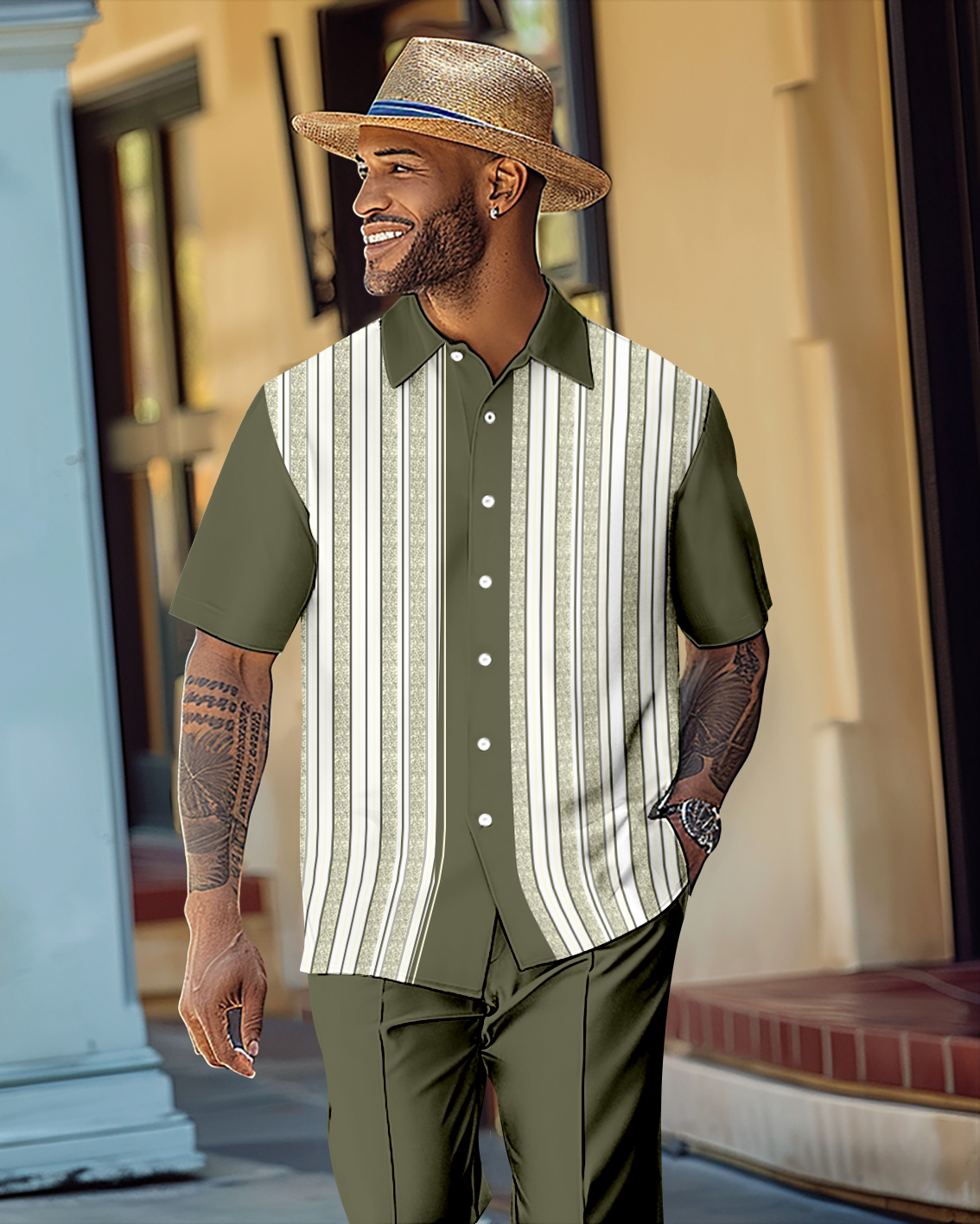 Men's retro colorblock printed short-sleeved shirt walking Suit 1103