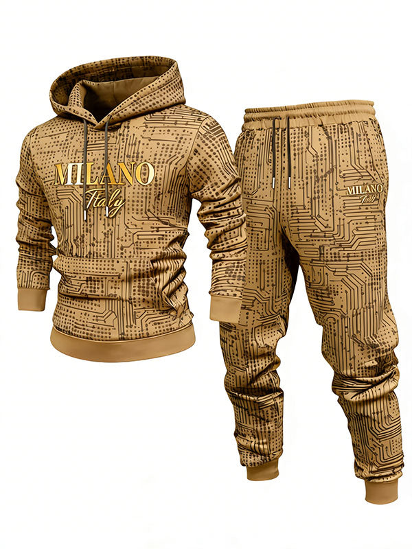 Men's Casual Brown & Gold Color Polka Dots Printed Hoodies Long Sleeved Sweatshirts & Sweatpants Two-Piece Set