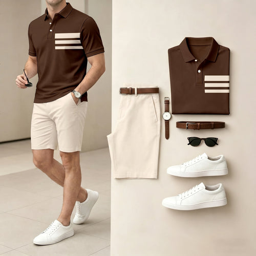 Men's Casual Brown And White Color Splicing Polo Shirt & Shorts Two-Piece Set