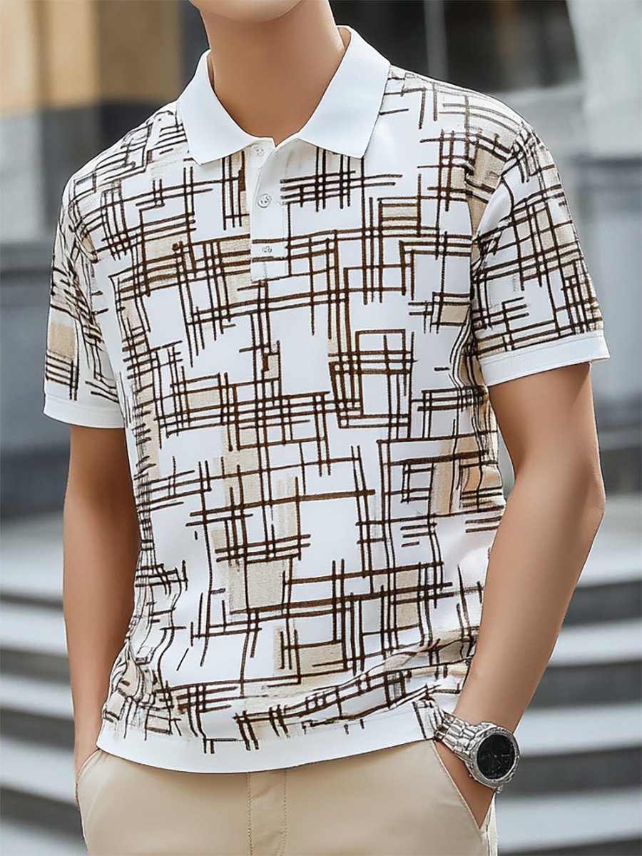 Men's Casual Business Geometric Lines Print Button-Down Short Sleeve Polo Shirt