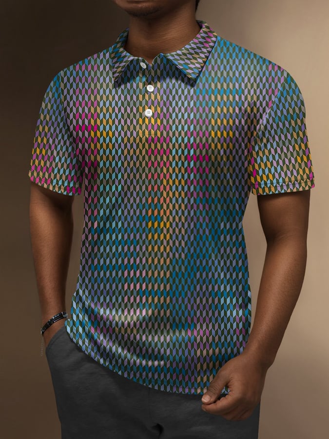 Men's Ombre Abstract Stripe Button Short Sleeve Polo Shirt