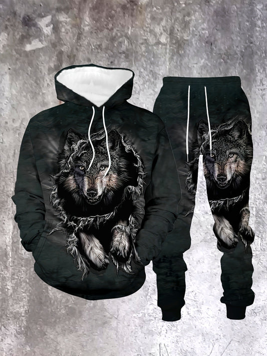 Men's Casual "Wolf" Printed Hoodies Long Sleeved Sweatshirts & Sweatpants Two-Piece Set