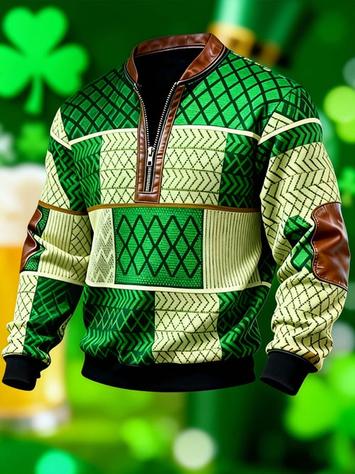 (Detachable Shamrock Brooch Included) Men's Casual St. Patrick's Day Color-Block Half-Zip Stand-Collar Long-Sleeved Sweatshirt