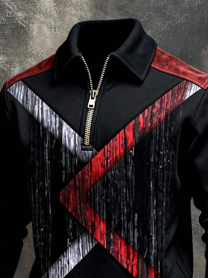 Men's Retro Color Block Print Color-Blocked Zip-Up Sweatshirt
