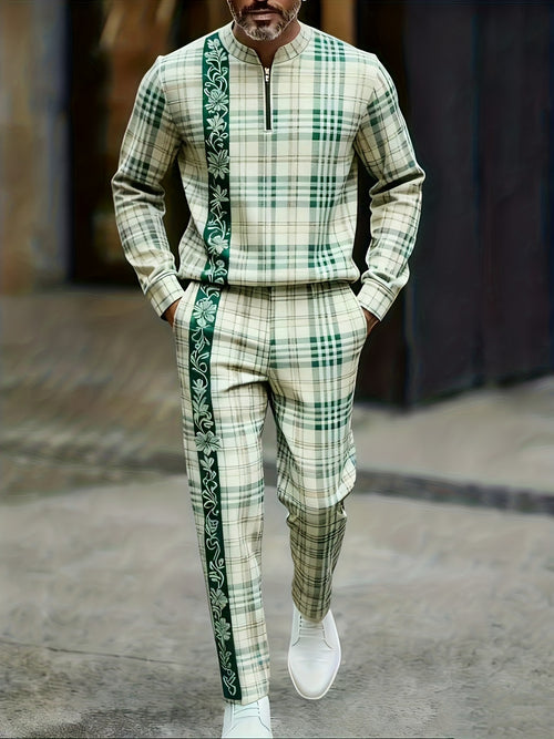 Men's Casual Color Matching Printed Round-Neck Zipper Long Sleeved Trousers Two-Piece Set