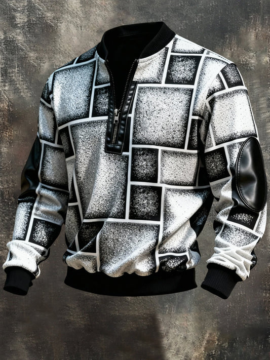 Men's Vintage Color-Block Printed Zip-Up Hoodie